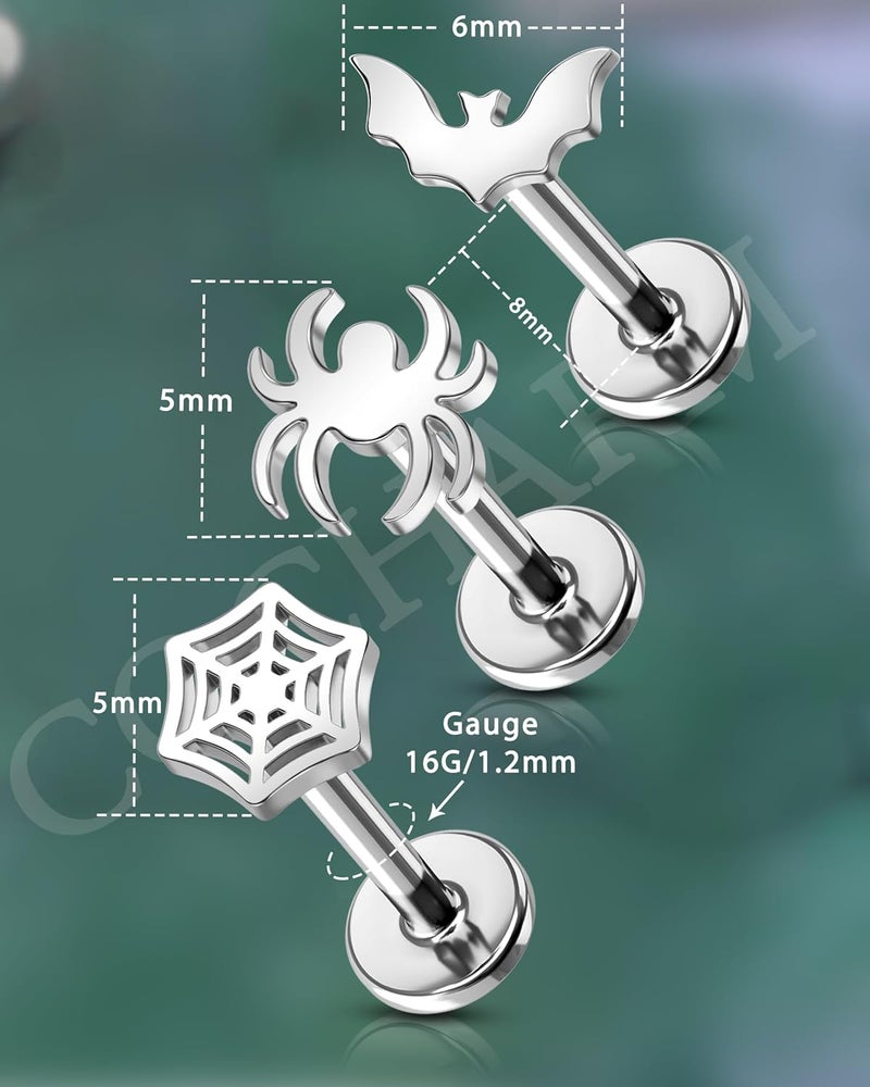 COCHARM 3Pcs Bat Spider Cartilage Earring 16g Flat Back Cartilage Piercing Jewelry Halloween Helix Jewelry 8mm Silver Web Conch Stud Funny Labret Stud for Women Men - Image 3